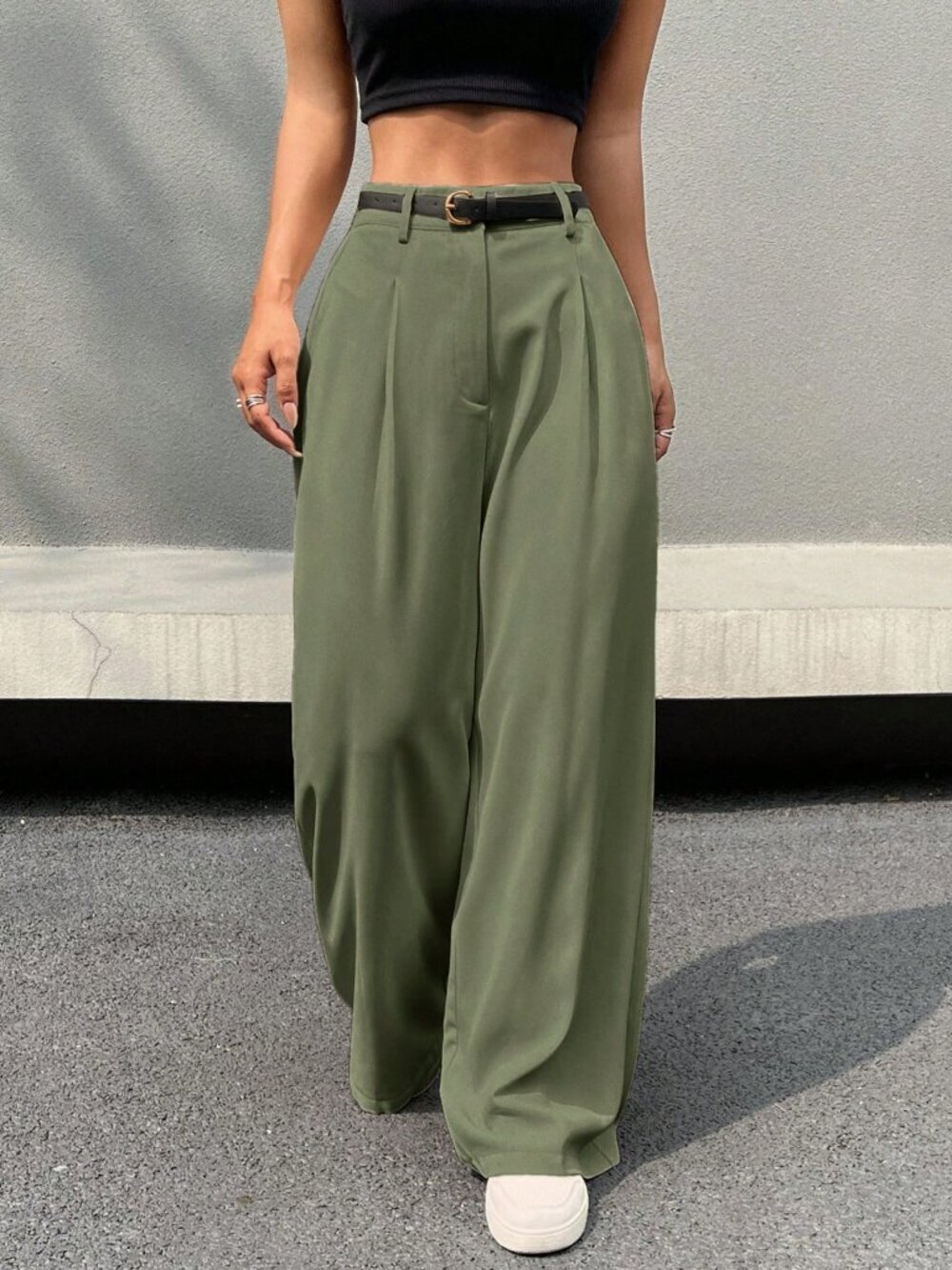 Green Casual Women's Zip Front Wide Leg Pants - Picture 4 of 6